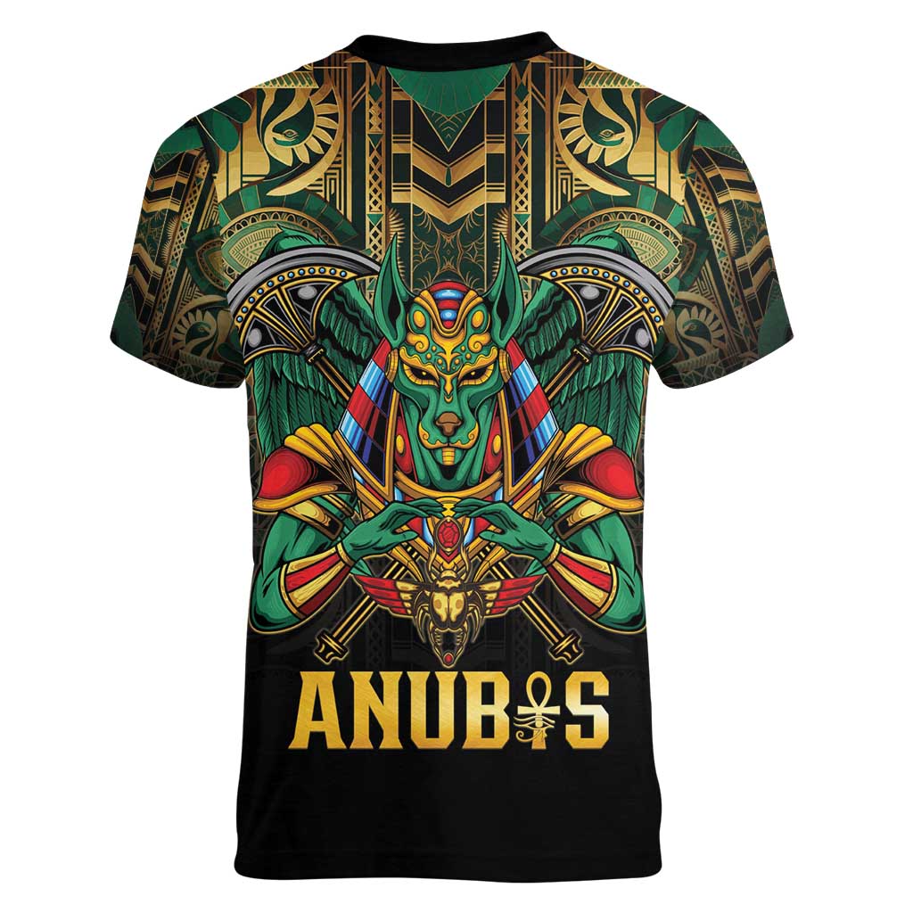 Egypt Anubis Women V-Neck T-Shirt Golden Ancient Egypt Pattern