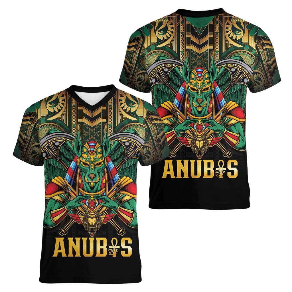 Egypt Anubis Women V-Neck T-Shirt Golden Ancient Egypt Pattern