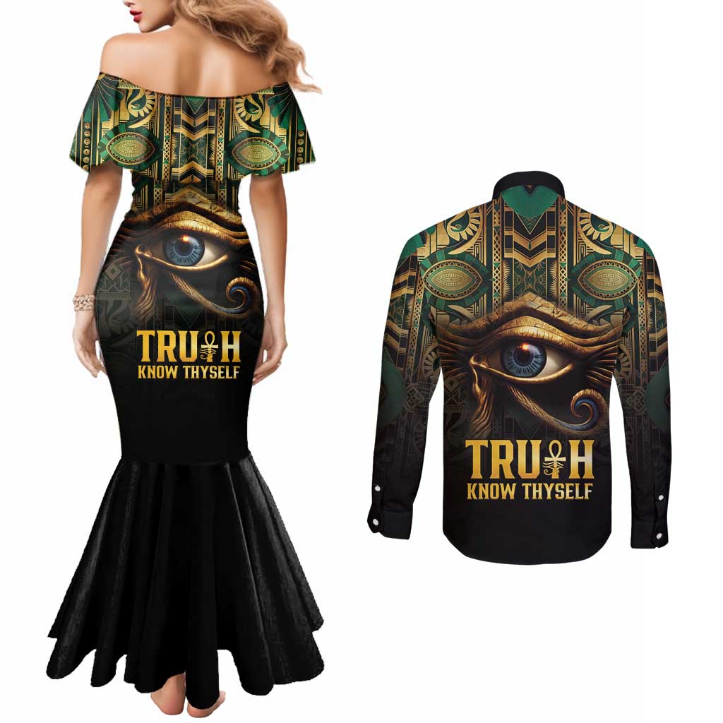 Egypt Eye of Horus Couples Matching Mermaid Dress and Long Sleeve Button Shirt Truth Know Thyself