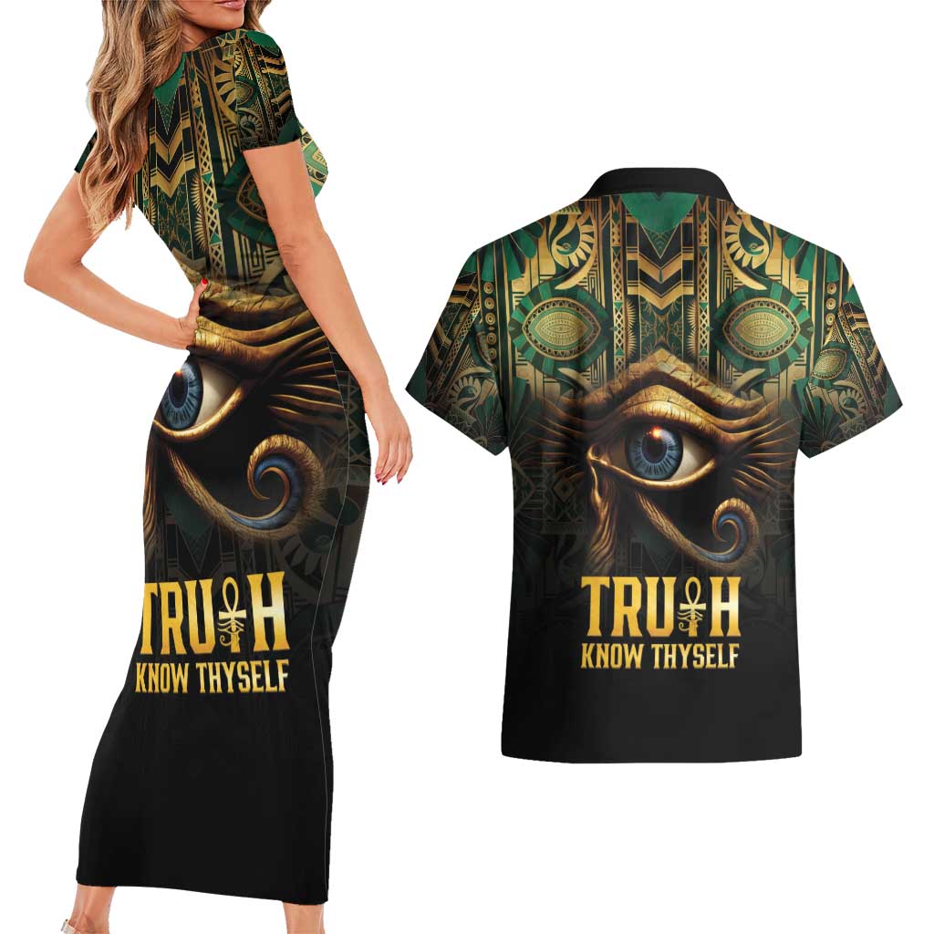 Egypt Eye of Horus Couples Matching Short Sleeve Bodycon Dress and Hawaiian Shirt Truth Know Thyself