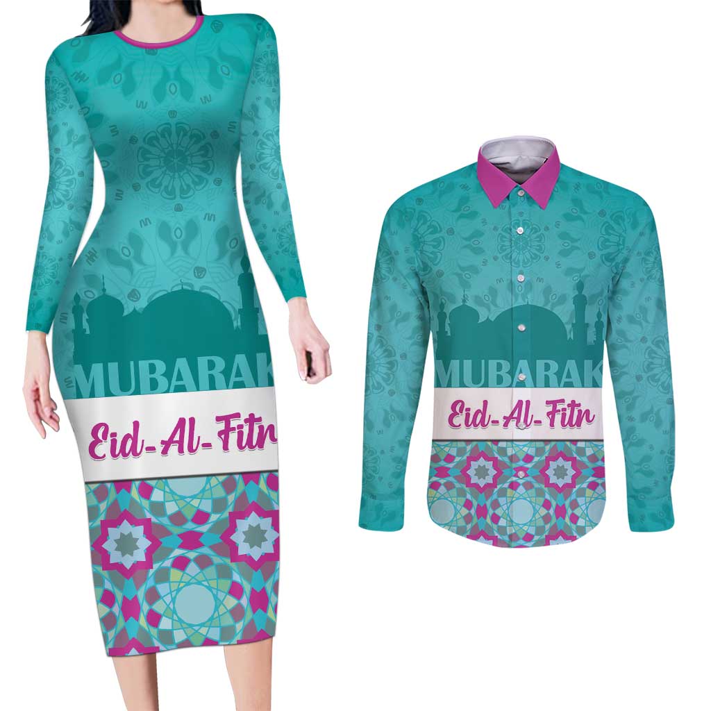Personalised Eid Mubarak Couples Matching Long Sleeve Bodycon Dress and Long Sleeve Button Shirt Eid al-Fitr