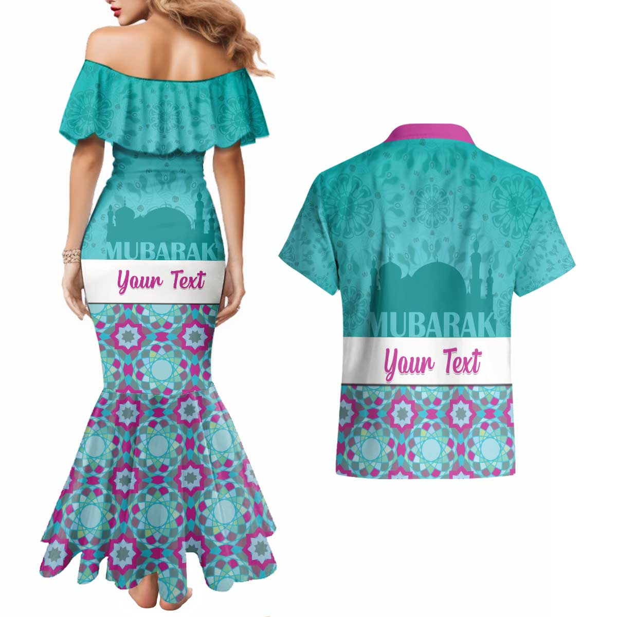 Personalised Eid Mubarak Couples Matching Mermaid Dress and Hawaiian Shirt Eid al-Fitr