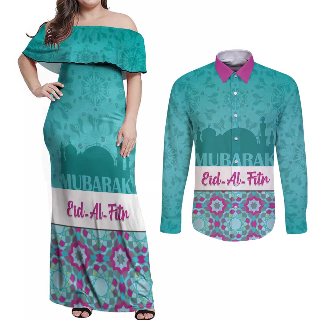 Personalised Eid Mubarak Couples Matching Off Shoulder Maxi Dress and Long Sleeve Button Shirt Eid al-Fitr
