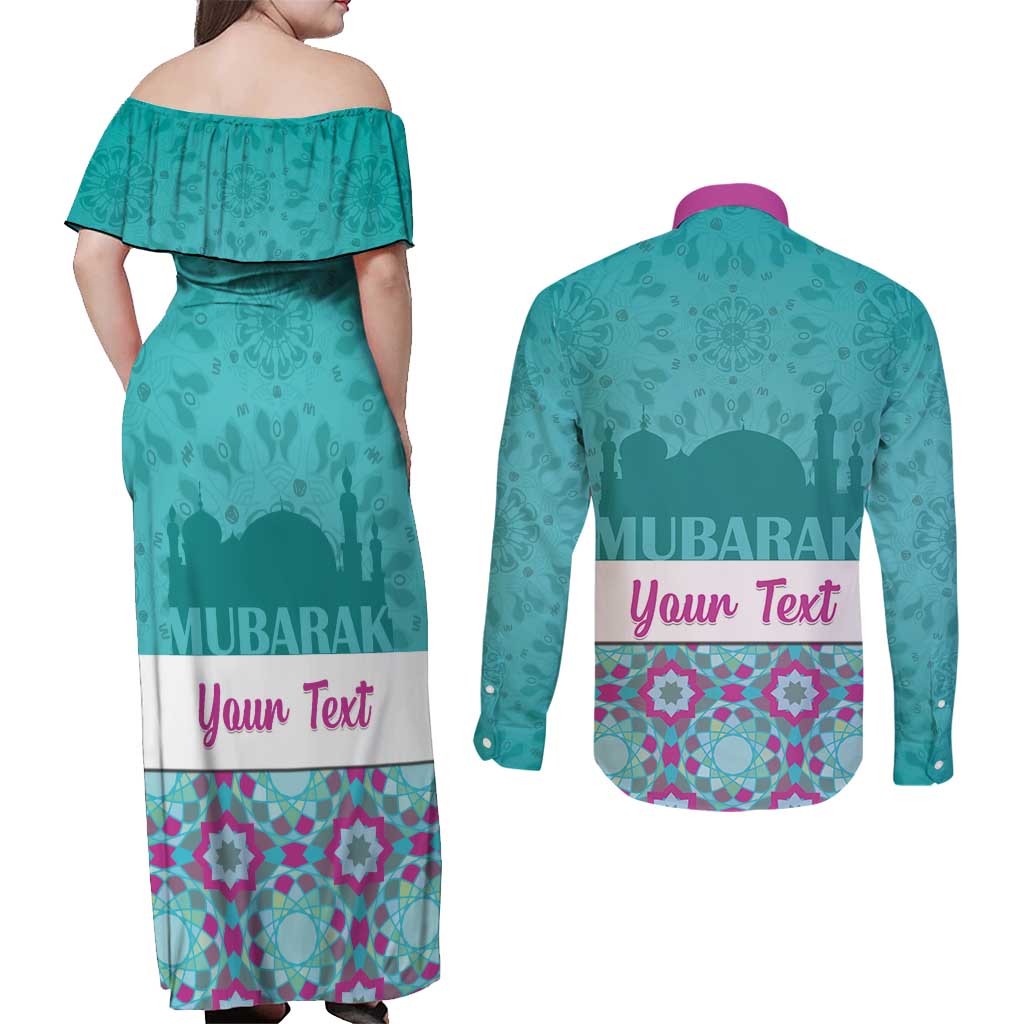 Personalised Eid Mubarak Couples Matching Off Shoulder Maxi Dress and Long Sleeve Button Shirt Eid al-Fitr