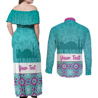 Personalised Eid Mubarak Couples Matching Off Shoulder Maxi Dress and Long Sleeve Button Shirt Eid al-Fitr
