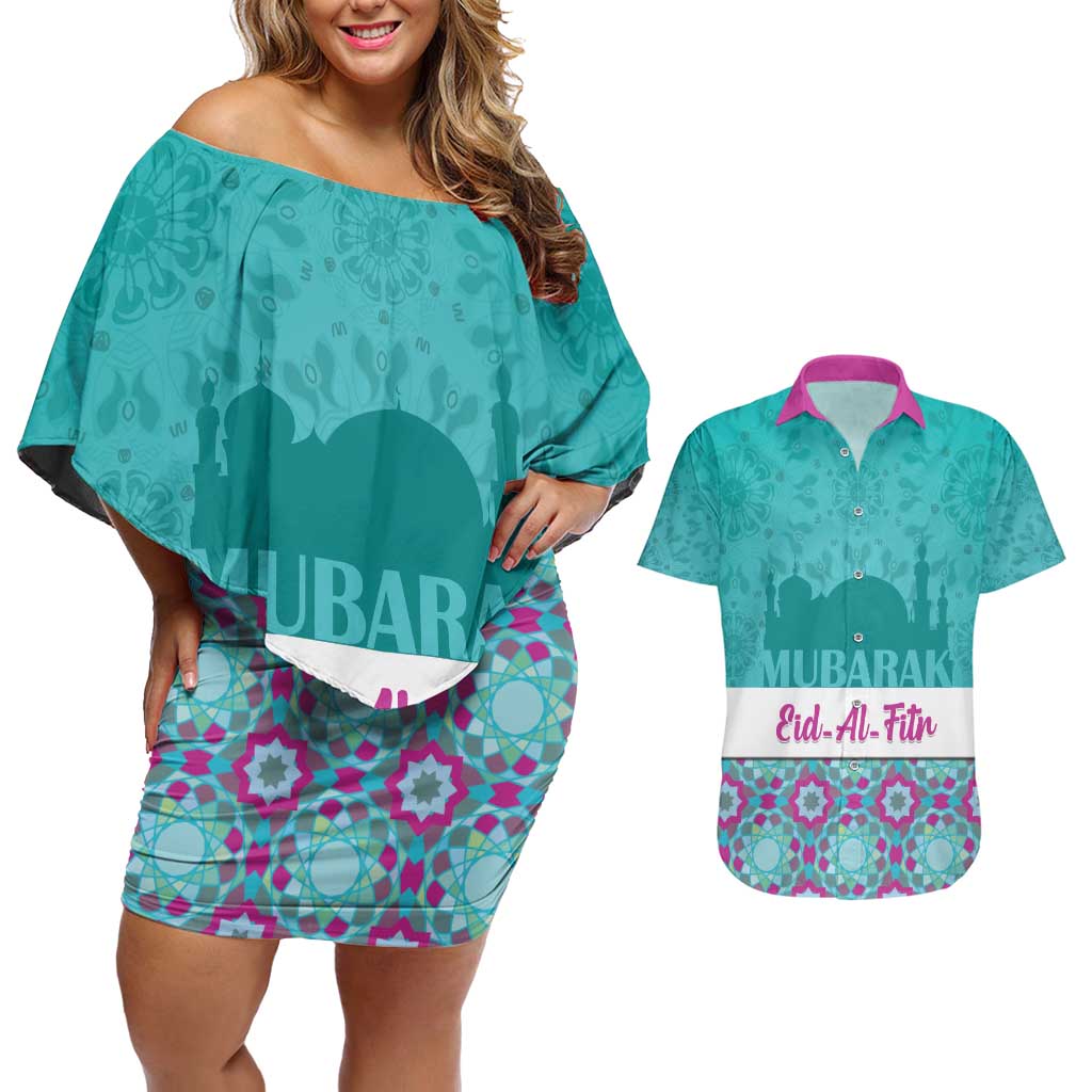Personalised Eid Mubarak Couples Matching Off Shoulder Short Dress and Hawaiian Shirt Eid al-Fitr