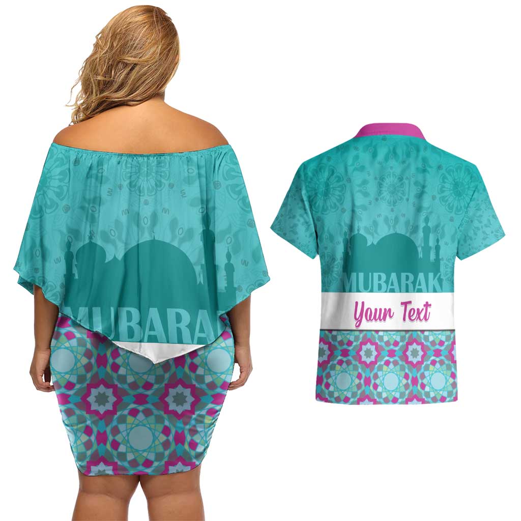 Personalised Eid Mubarak Couples Matching Off Shoulder Short Dress and Hawaiian Shirt Eid al-Fitr