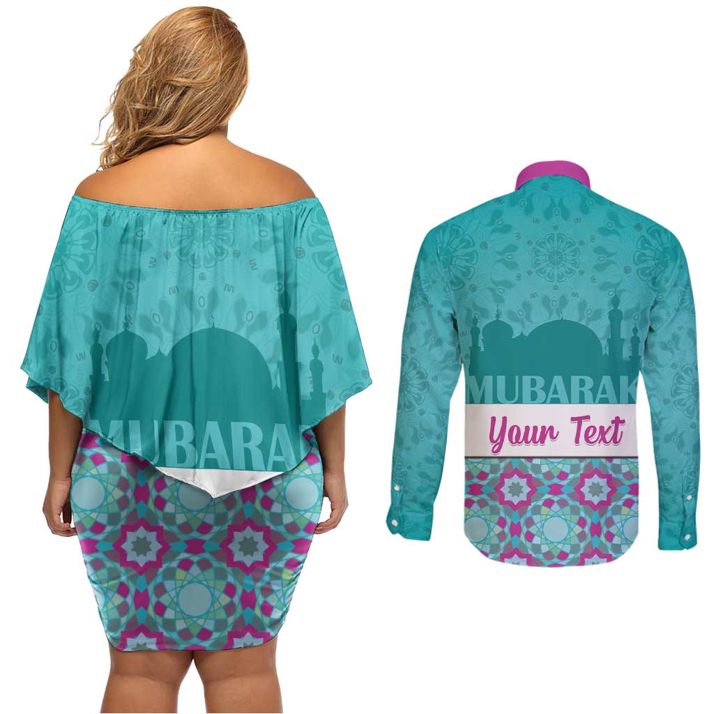 Personalised Eid Mubarak Couples Matching Off Shoulder Short Dress and Long Sleeve Button Shirt Eid al-Fitr