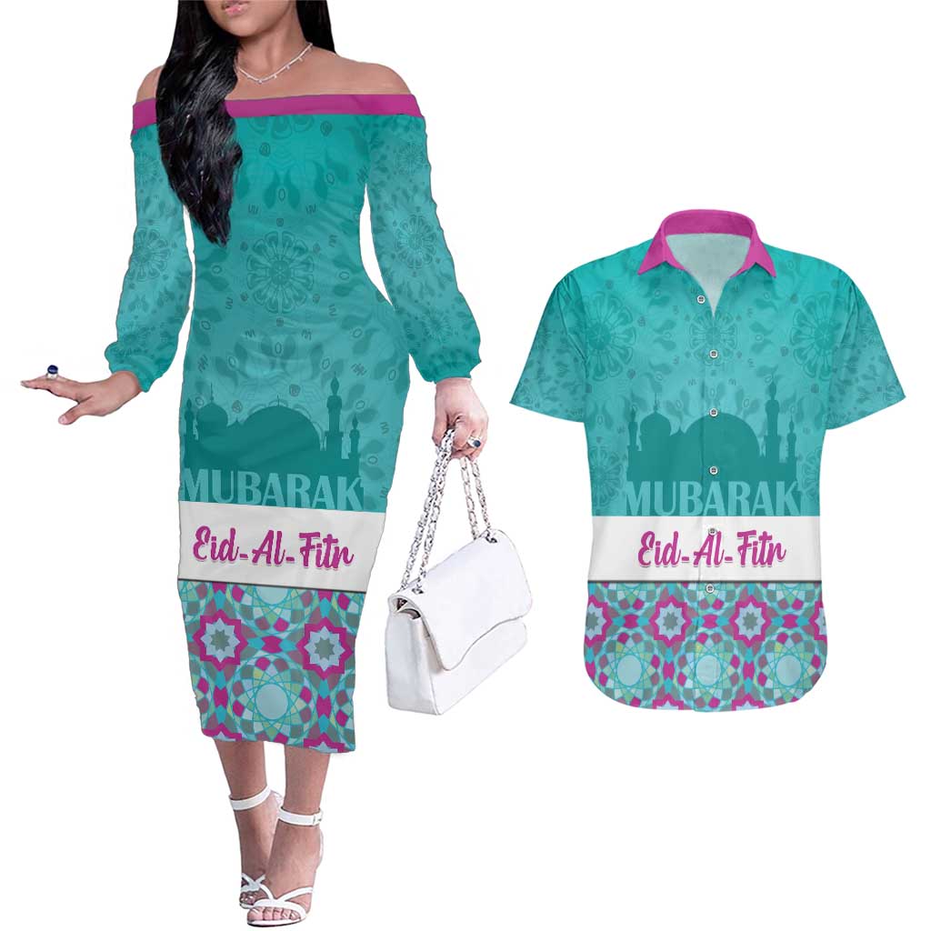 Personalised Eid Mubarak Couples Matching Off The Shoulder Long Sleeve Dress and Hawaiian Shirt Eid al-Fitr