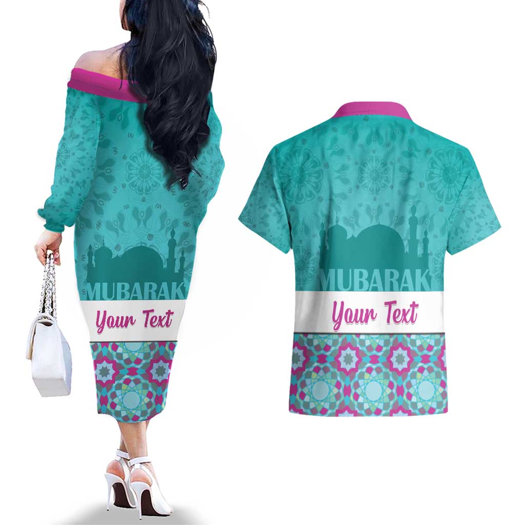 Personalised Eid Mubarak Couples Matching Off The Shoulder Long Sleeve Dress and Hawaiian Shirt Eid al-Fitr