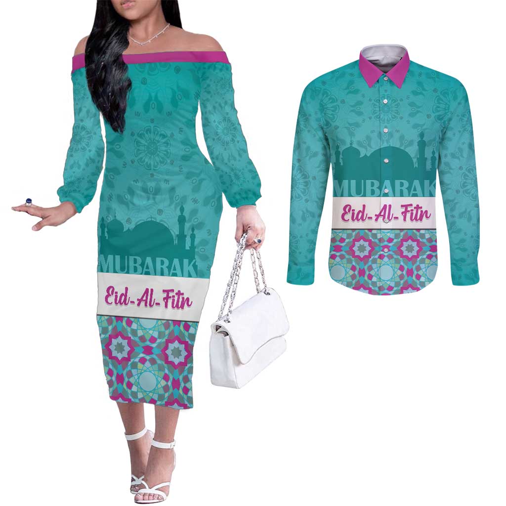 Personalised Eid Mubarak Couples Matching Off The Shoulder Long Sleeve Dress and Long Sleeve Button Shirt Eid al-Fitr