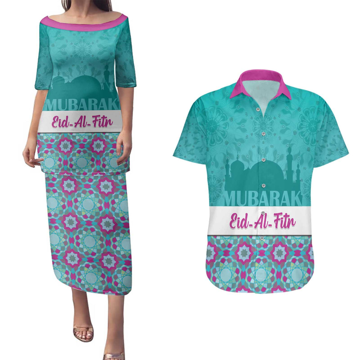 Personalised Eid Mubarak Couples Matching Puletasi and Hawaiian Shirt Eid al-Fitr