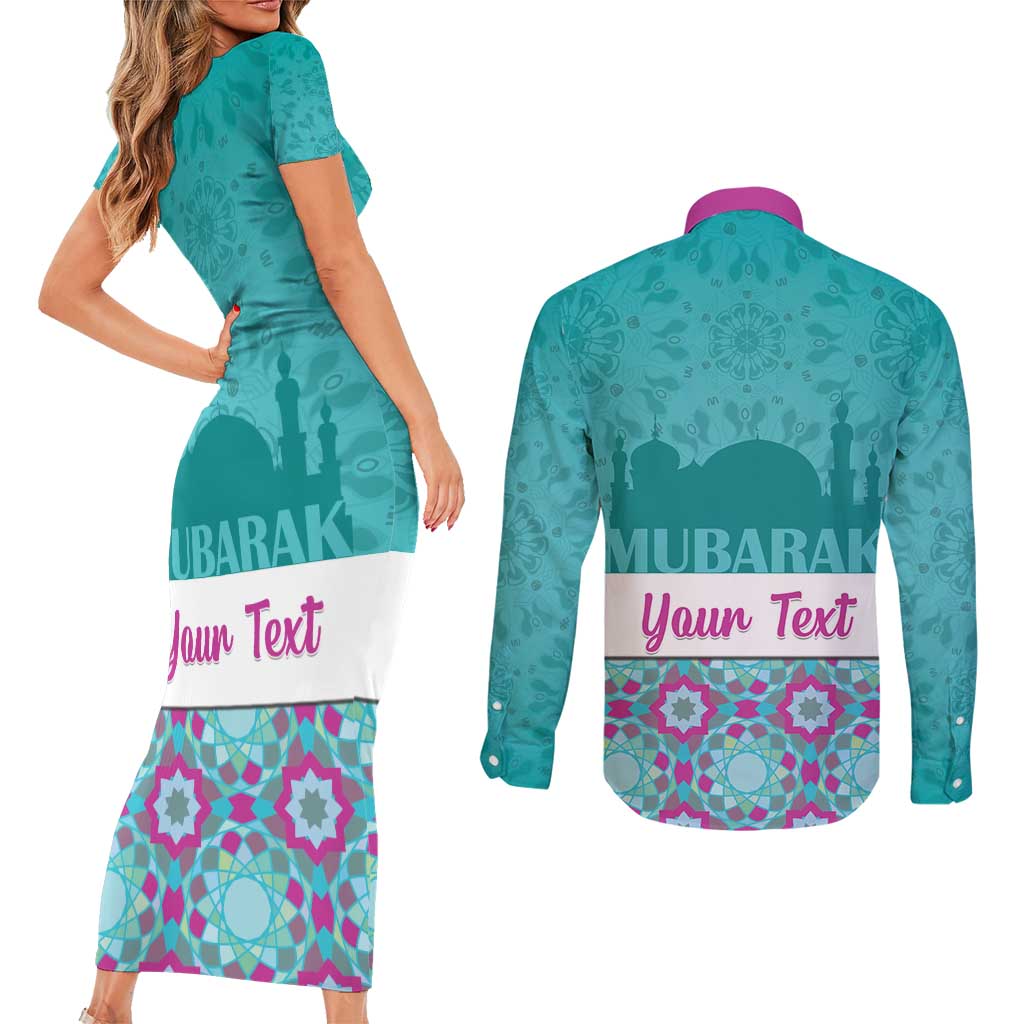 Personalised Eid Mubarak Couples Matching Short Sleeve Bodycon Dress and Long Sleeve Button Shirt Eid al-Fitr