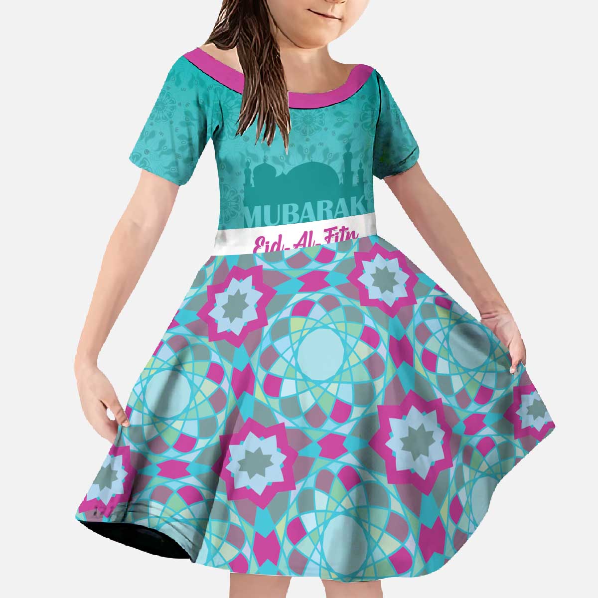 Personalised Eid Mubarak Family Matching Off The Shoulder Long Sleeve Dress and Hawaiian Shirt Eid al-Fitr