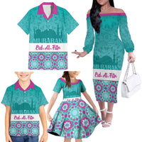 Personalised Eid Mubarak Family Matching Off The Shoulder Long Sleeve Dress and Hawaiian Shirt Eid al-Fitr