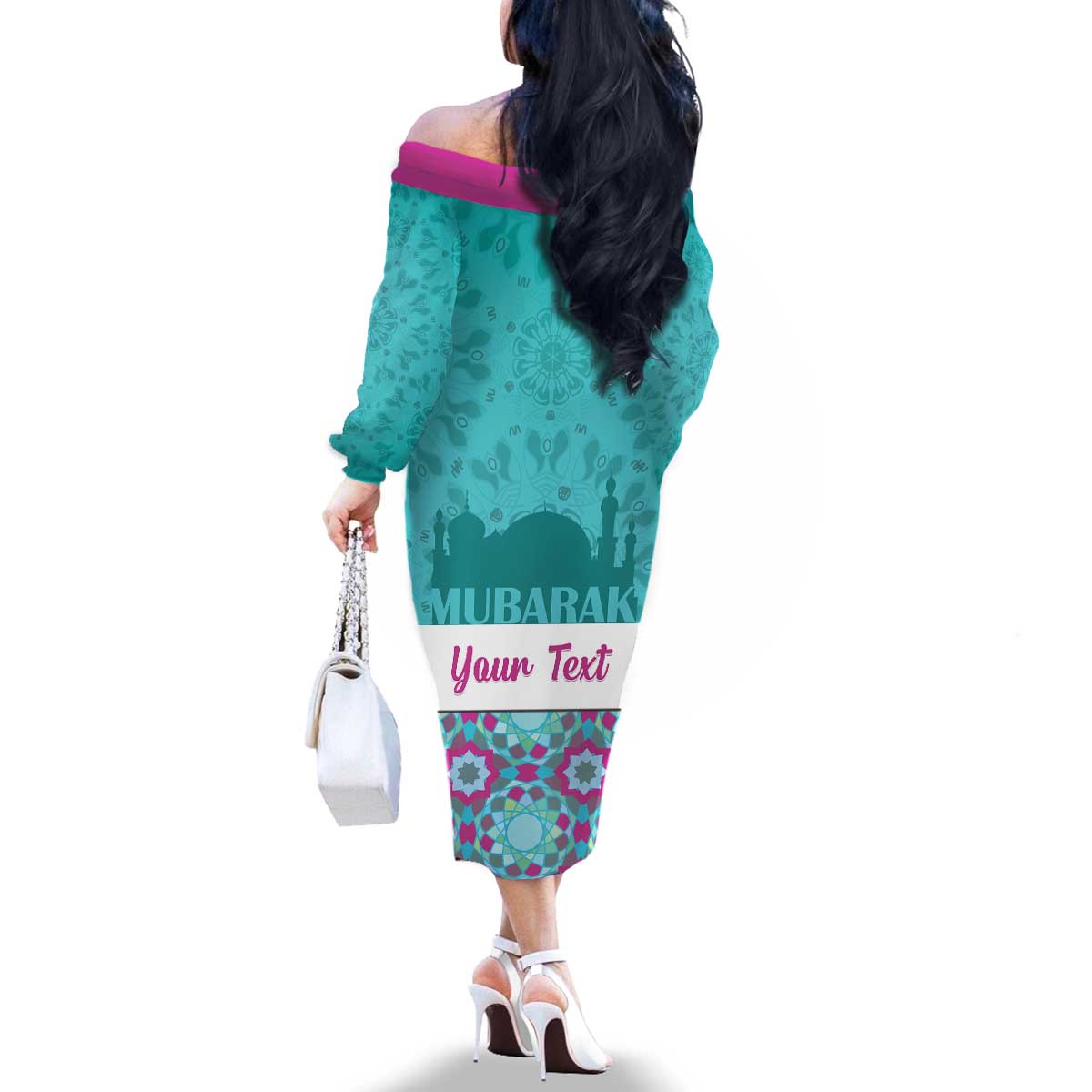 Personalised Eid Mubarak Family Matching Off The Shoulder Long Sleeve Dress and Hawaiian Shirt Eid al-Fitr