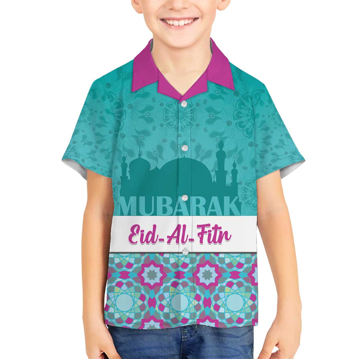 Personalised Eid Mubarak Family Matching Off The Shoulder Long Sleeve Dress and Hawaiian Shirt Eid al-Fitr
