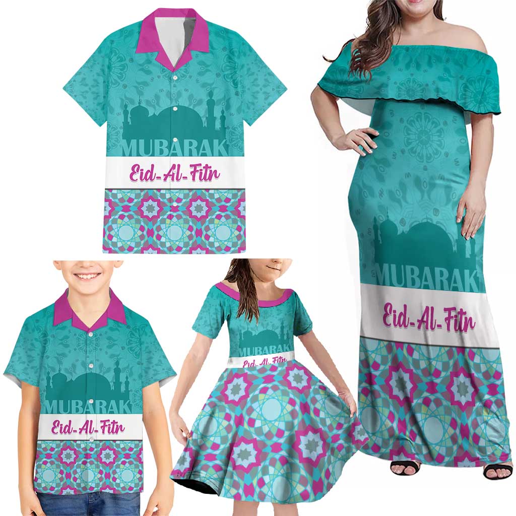 Personalised Eid Mubarak Family Matching Off Shoulder Maxi Dress and Hawaiian Shirt Eid al-Fitr
