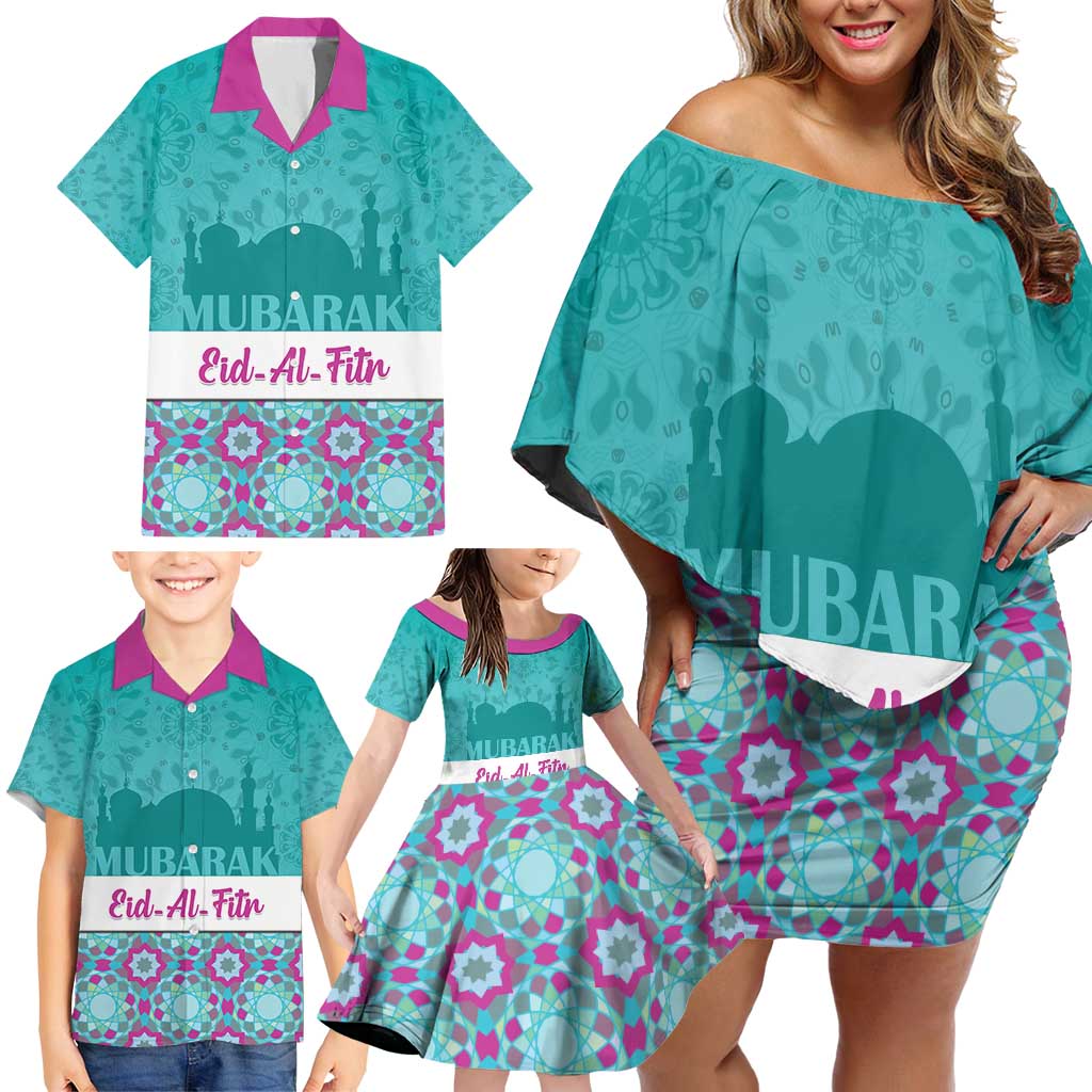 Personalised Eid Mubarak Family Matching Off Shoulder Short Dress and Hawaiian Shirt Eid al-Fitr