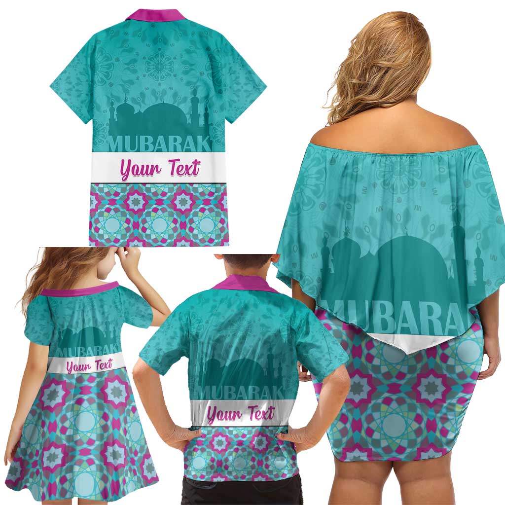 Personalised Eid Mubarak Family Matching Off Shoulder Short Dress and Hawaiian Shirt Eid al-Fitr