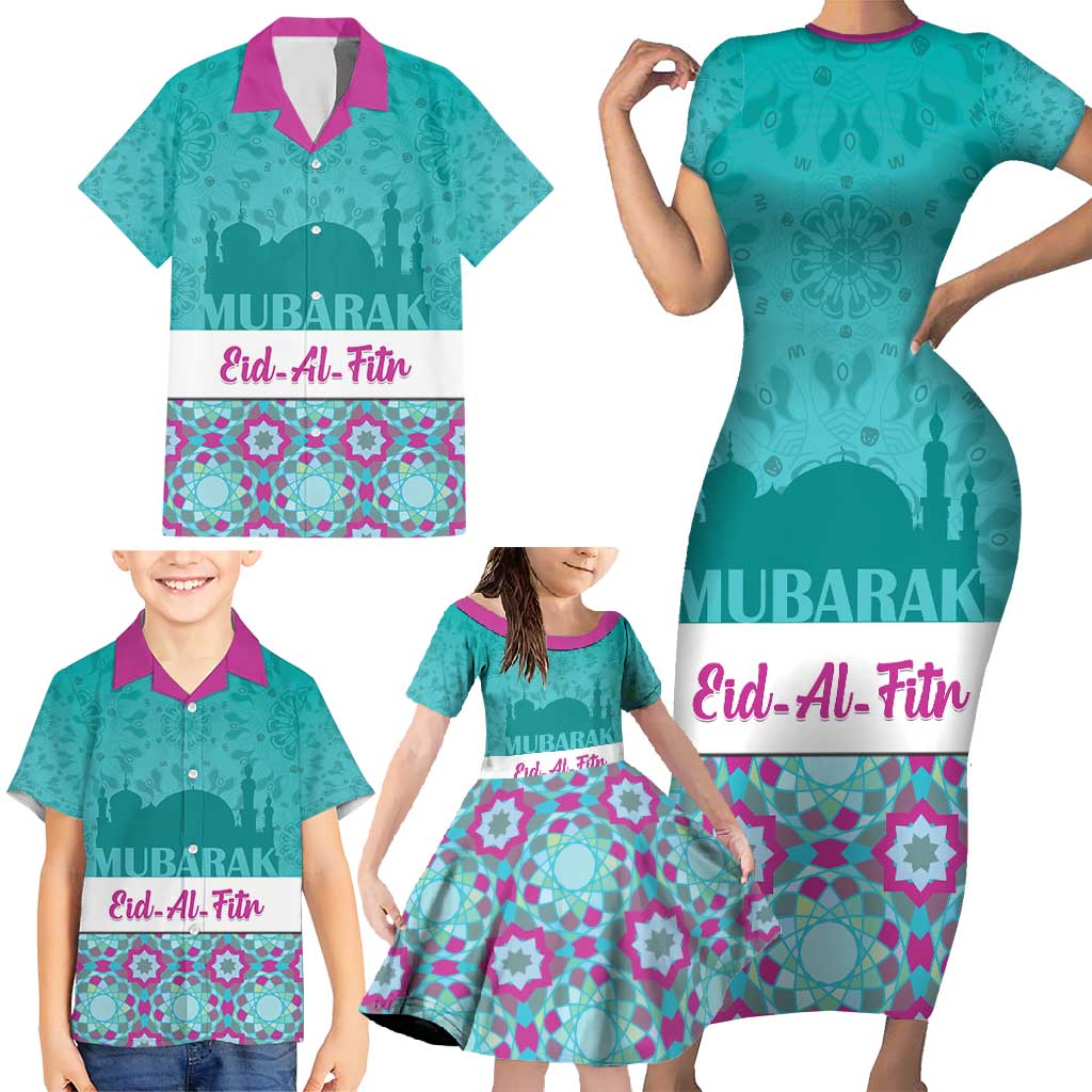 Personalised Eid Mubarak Family Matching Short Sleeve Bodycon Dress and Hawaiian Shirt Eid al-Fitr