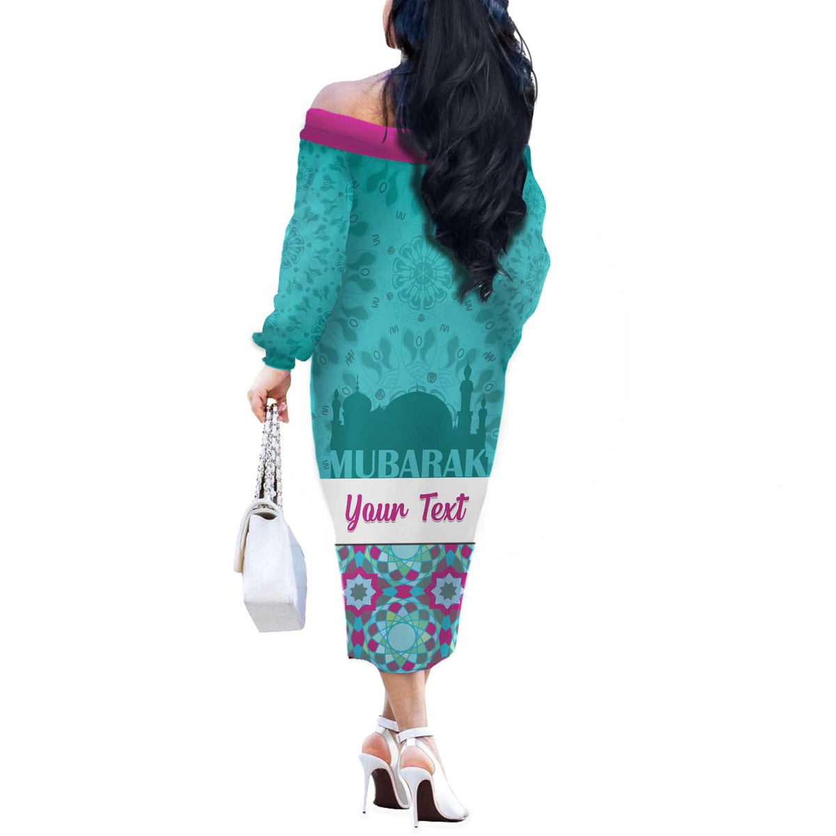 Personalised Eid Mubarak Off The Shoulder Long Sleeve Dress Eid al-Fitr