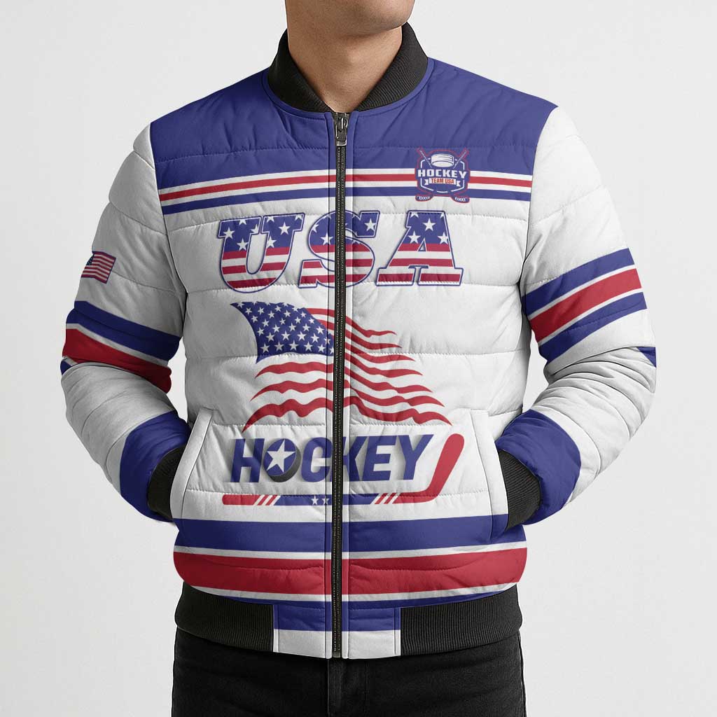 Custom USA Ice Hockey Bomber Puffer Jacket Old Glory On Ice