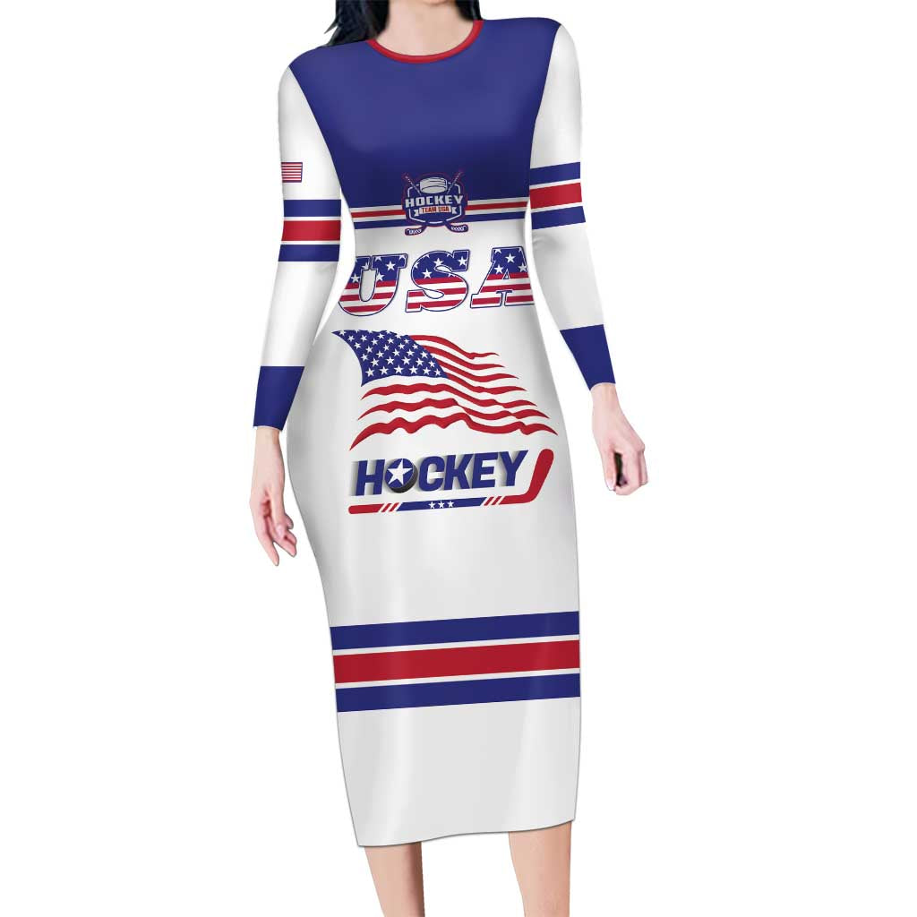 Custom USA Ice Hockey Long Sleeve Bodycon Dress Old Glory On Ice