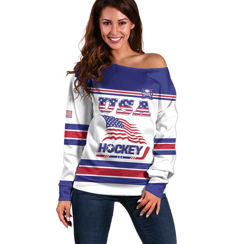 Custom USA Ice Hockey Off Shoulder Sweater Old Glory On Ice