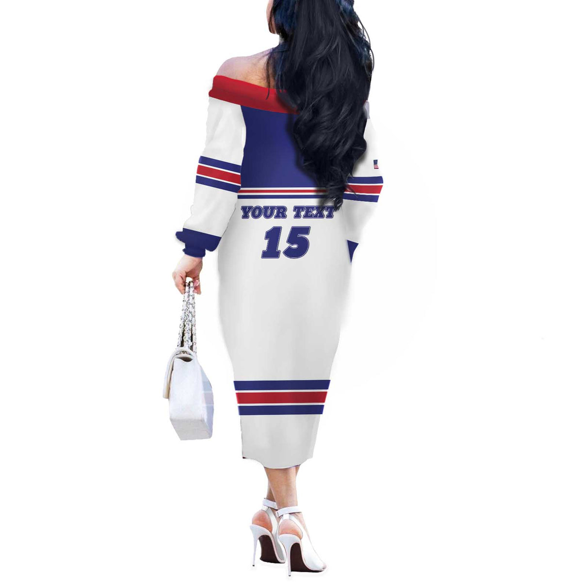 Custom USA Ice Hockey Off The Shoulder Long Sleeve Dress Old Glory On Ice