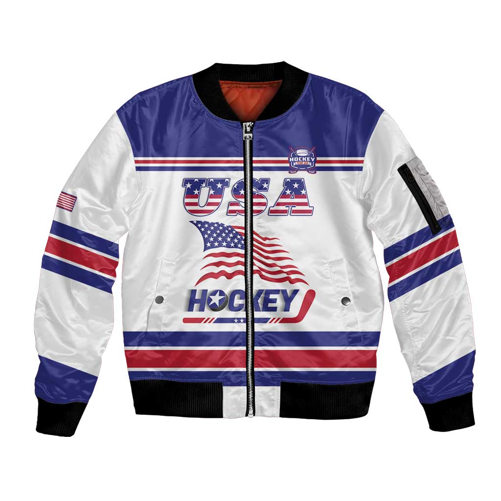 Custom USA Ice Hockey Sleeve Zip Bomber Jacket Old Glory On Ice