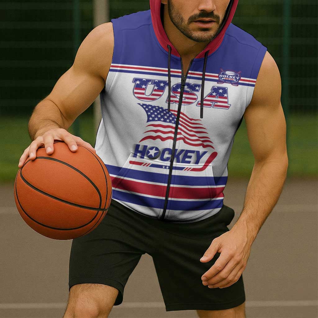 Custom USA Ice Hockey Sleeveless Zip Hoodie Old Glory On Ice
