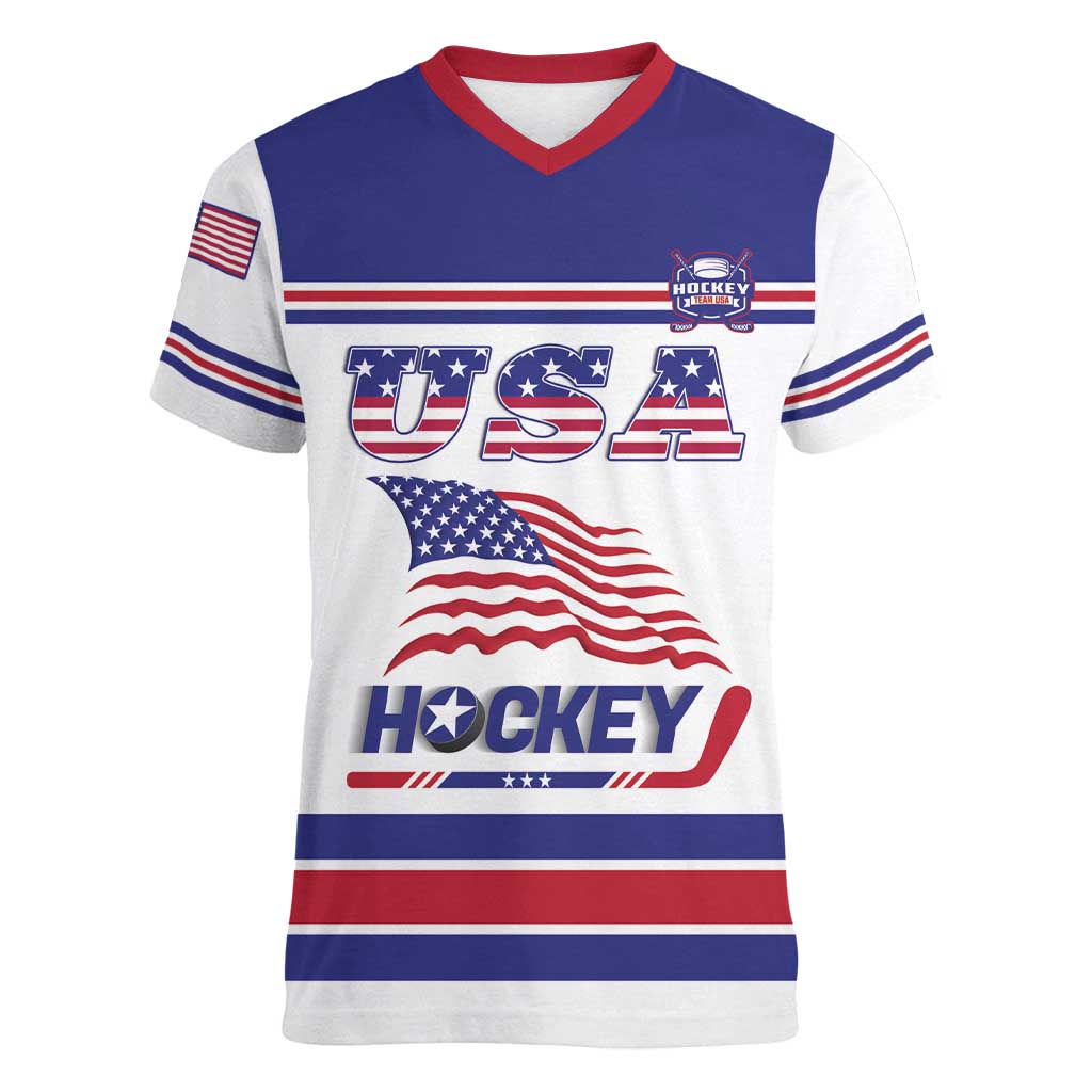 Custom USA Ice Hockey Women V-Neck T-Shirt Old Glory On Ice