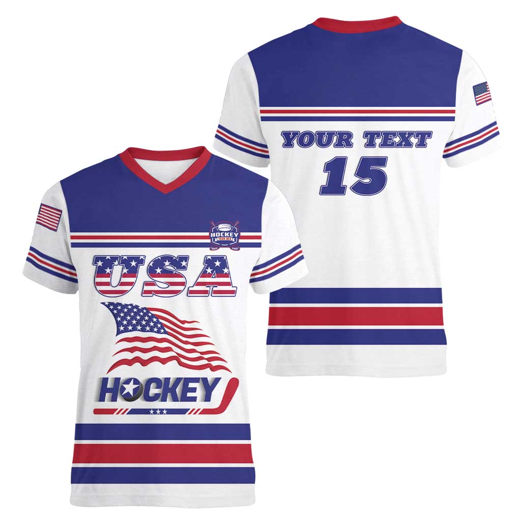 Custom USA Ice Hockey Women V-Neck T-Shirt Old Glory On Ice