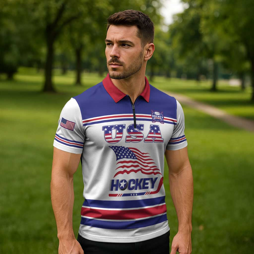 Custom USA Ice Hockey Zipper Polo Shirt Old Glory On Ice