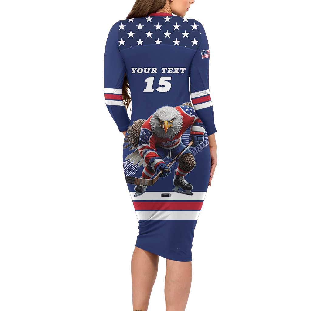 Custom USA Ice Hockey Long Sleeve Bodycon Dress Eagle Mascot