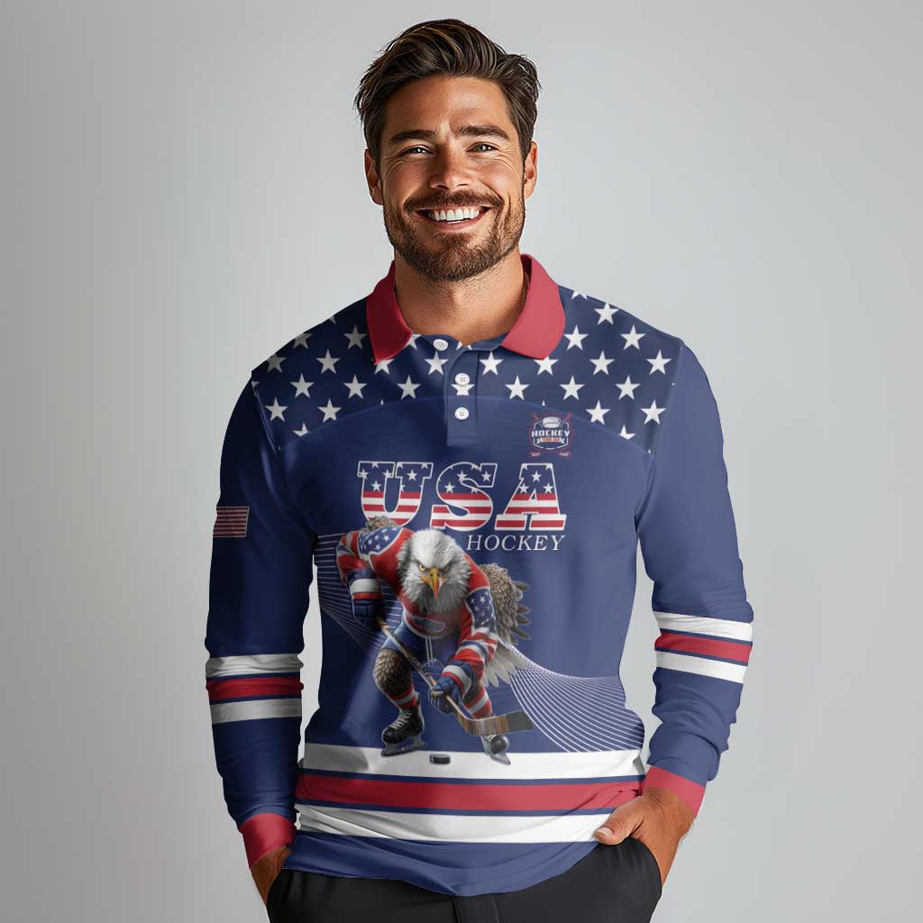 Custom USA Ice Hockey Long Sleeve Polo Shirt Eagle Mascot