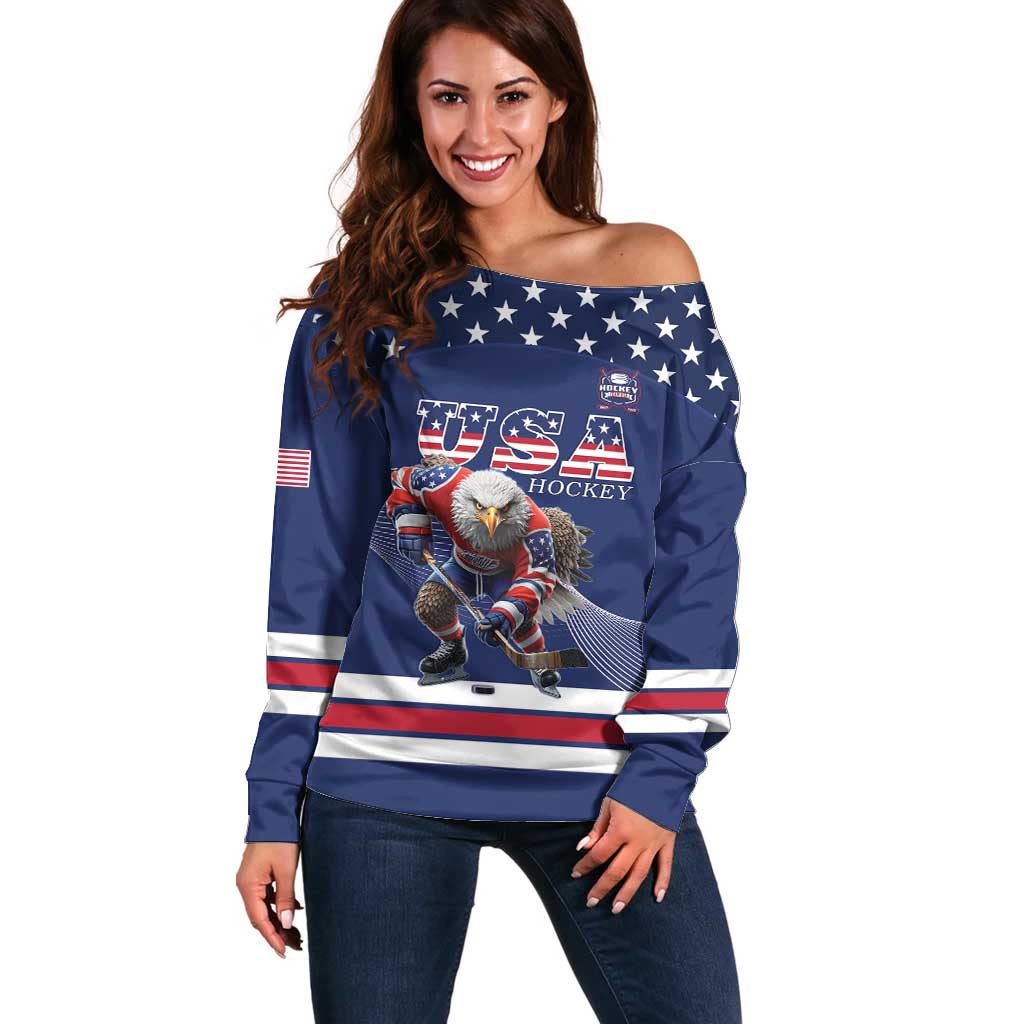 Custom USA Ice Hockey Off Shoulder Sweater Eagle Mascot