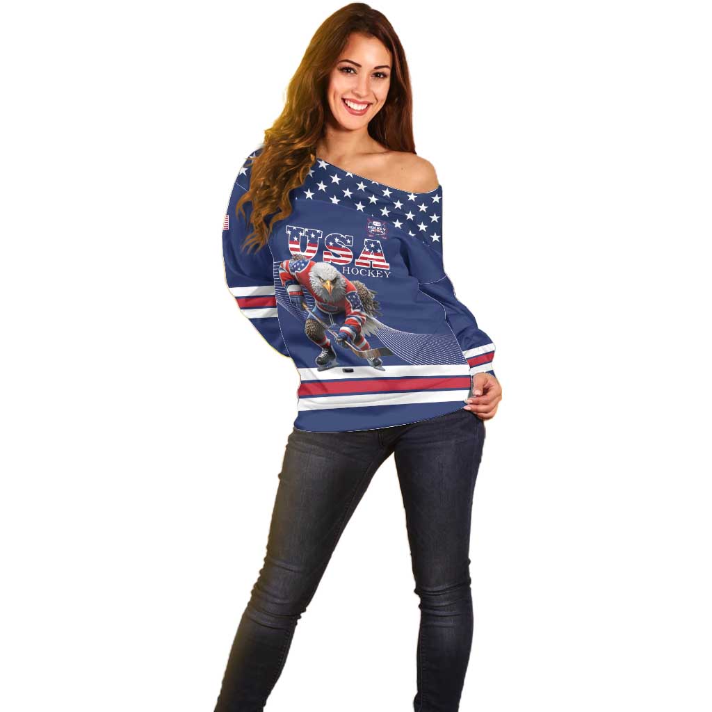 Custom USA Ice Hockey Off Shoulder Sweater Eagle Mascot