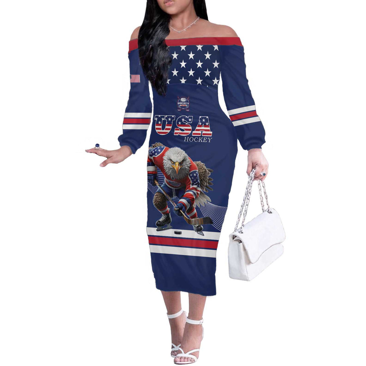 Custom USA Ice Hockey Off The Shoulder Long Sleeve Dress Eagle Mascot