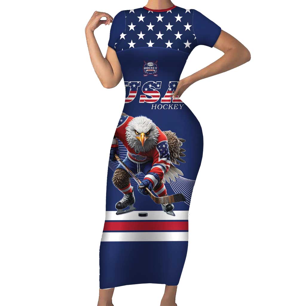 Custom USA Ice Hockey Short Sleeve Bodycon Dress Eagle Mascot