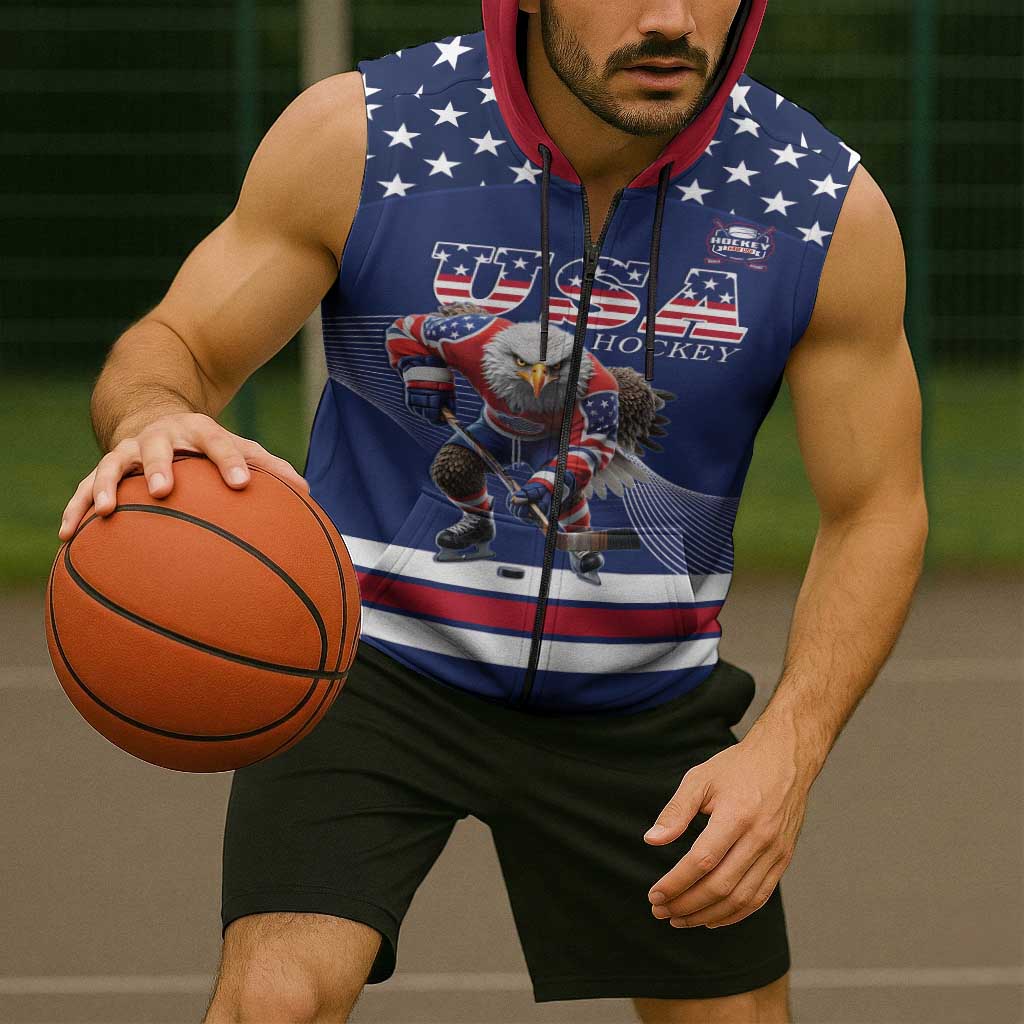 Custom USA Ice Hockey Sleeveless Zip Hoodie Eagle Mascot