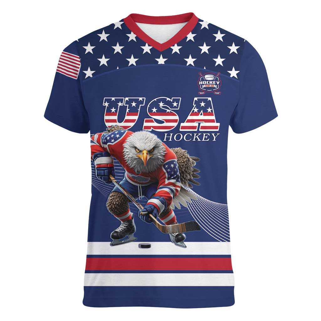 Custom USA Ice Hockey Women V-Neck T-Shirt Eagle Mascot