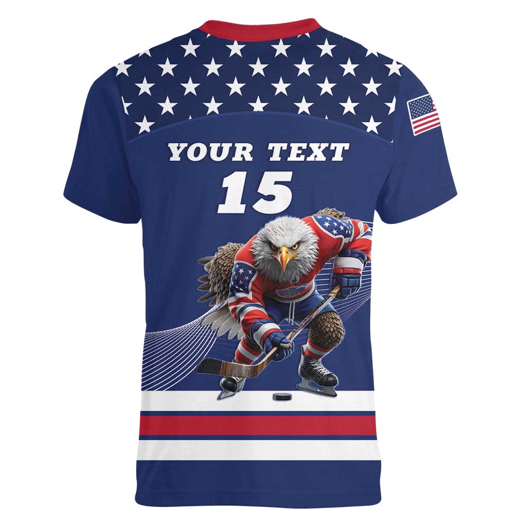 Custom USA Ice Hockey Women V-Neck T-Shirt Eagle Mascot