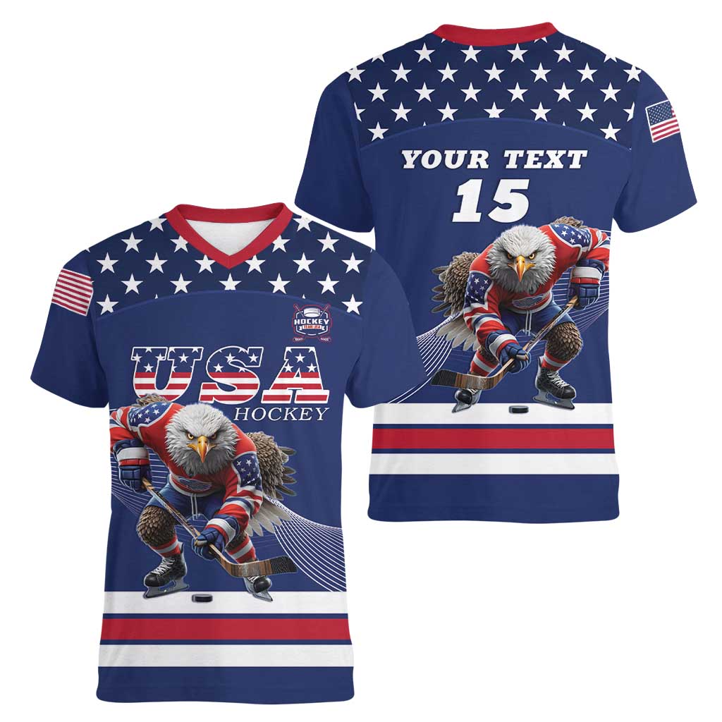 Custom USA Ice Hockey Women V-Neck T-Shirt Eagle Mascot