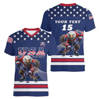 Custom USA Ice Hockey Women V-Neck T-Shirt Eagle Mascot