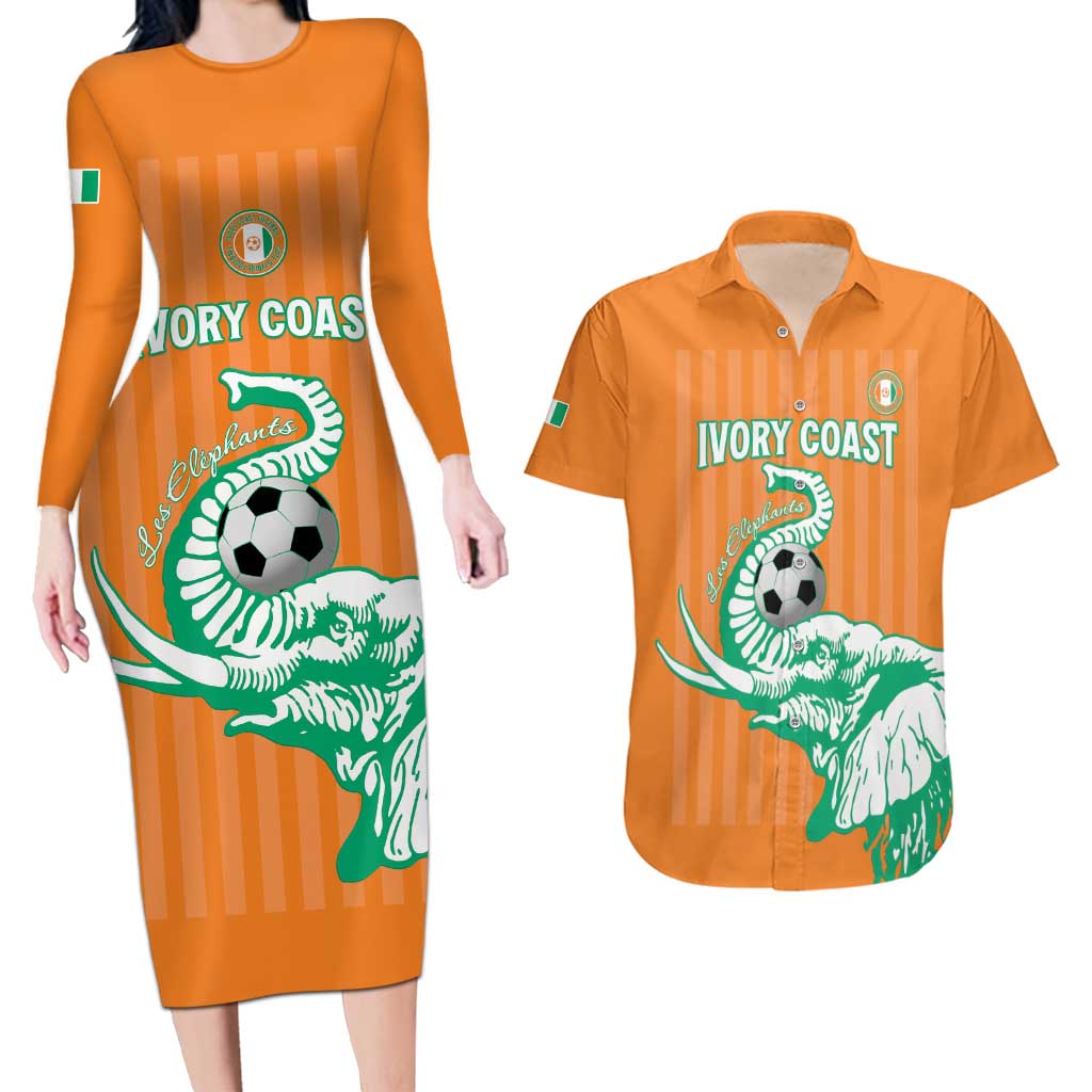 Custom Ivory Coast Football Couples Matching Long Sleeve Bodycon Dress and Hawaiian Shirt Come On Elephants