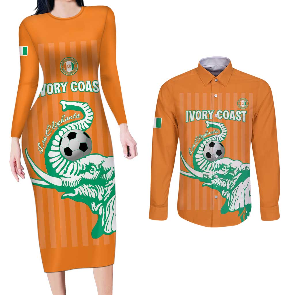 Custom Ivory Coast Football Couples Matching Long Sleeve Bodycon Dress and Long Sleeve Button Shirt Come On Elephants