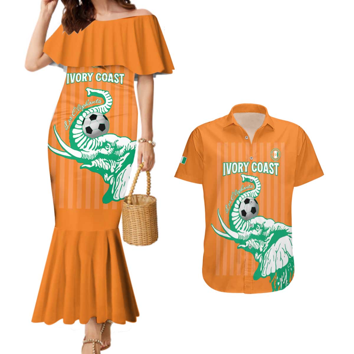 Custom Ivory Coast Football Couples Matching Mermaid Dress and Hawaiian Shirt Come On Elephants