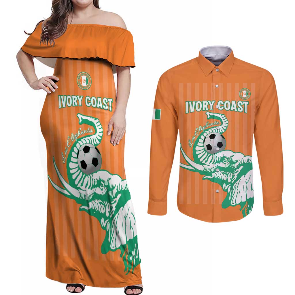 Custom Ivory Coast Football Couples Matching Off Shoulder Maxi Dress and Long Sleeve Button Shirt Come On Elephants